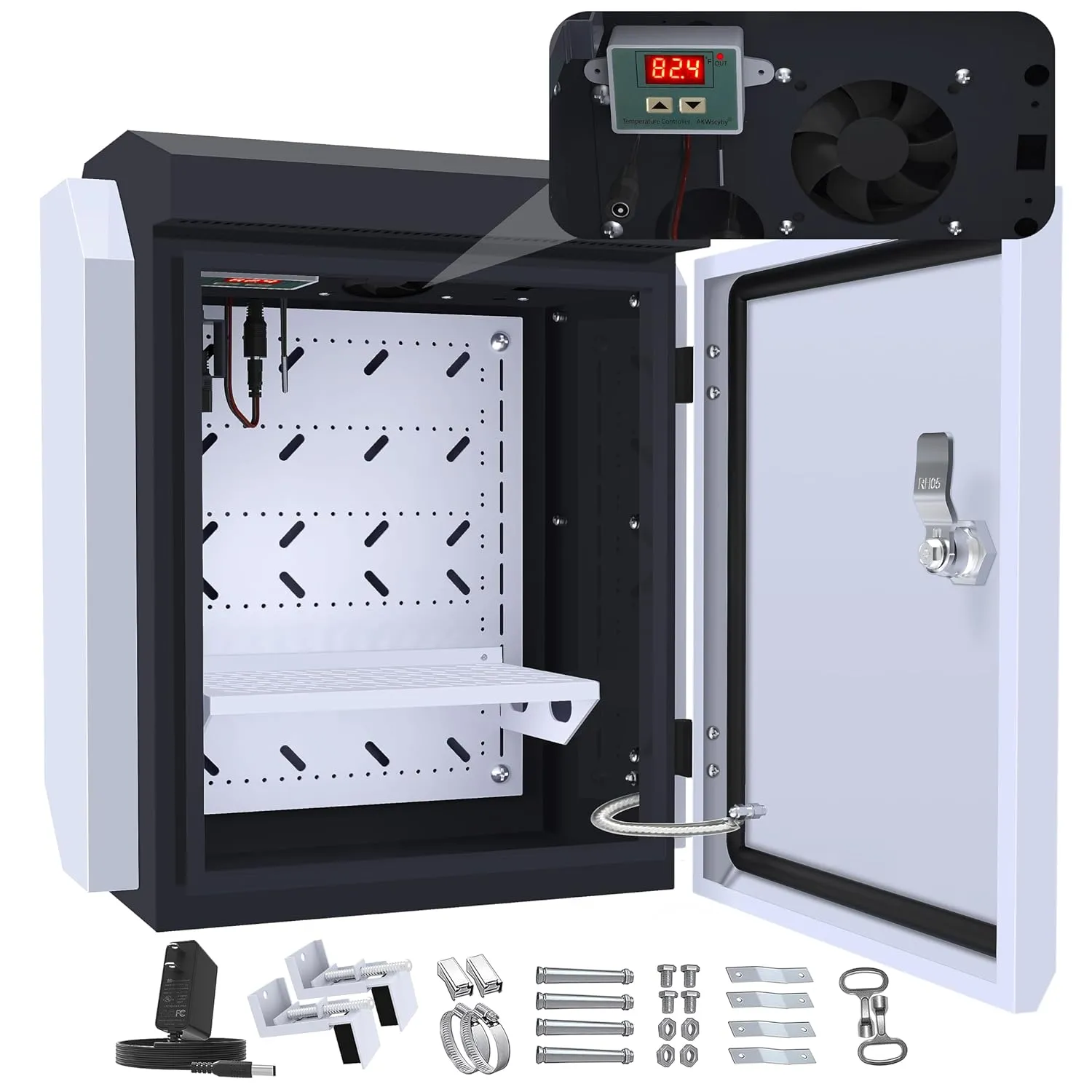 Outdoor Electrical Box with Thermostat and Fan, Precise Temperature Control 0.1°F, IP65 Water Resistant Rating, Galvanized Steel, Aluminum Rear Beam(15.7"x12.6"x9.6")
