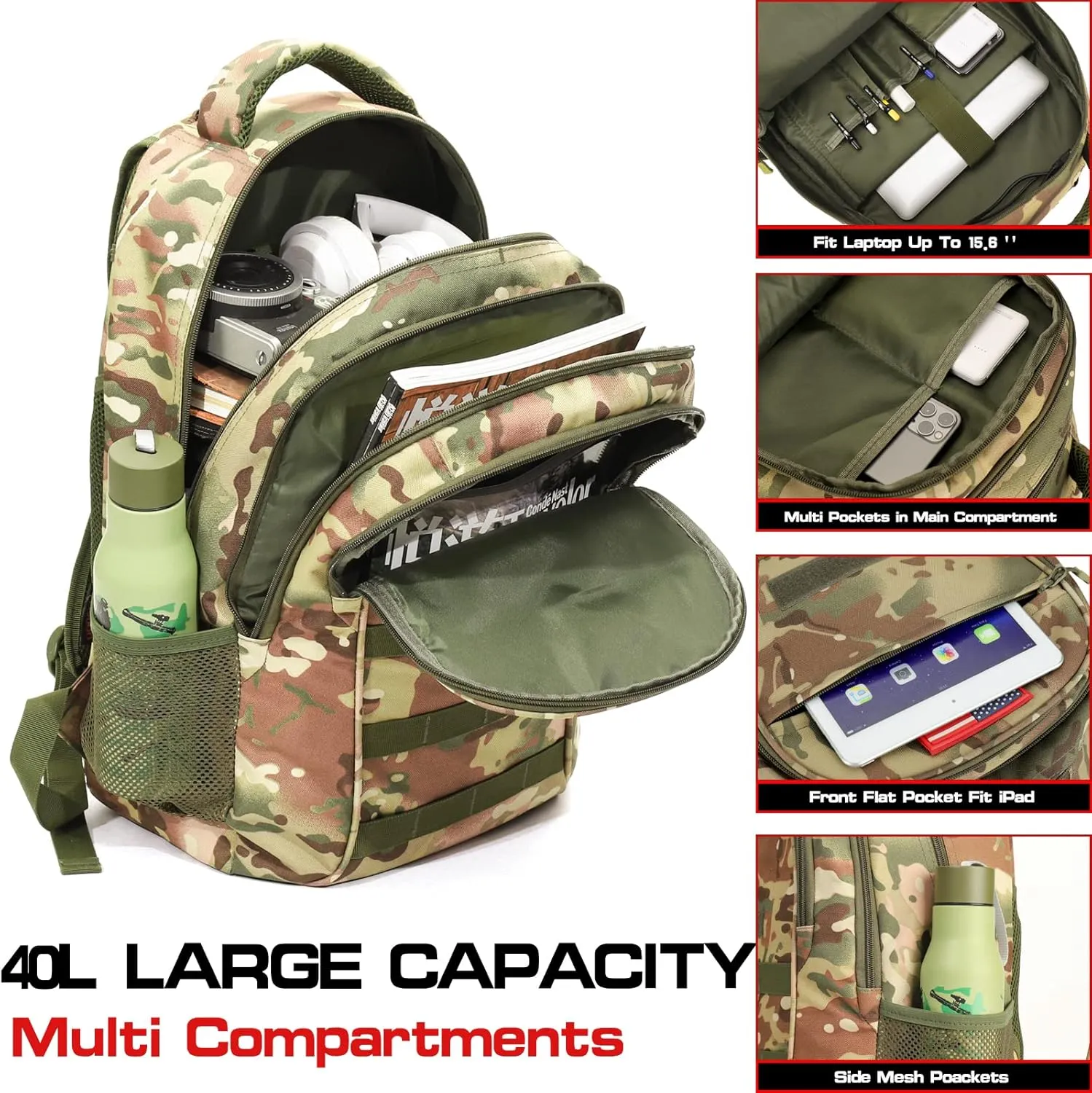 outdoor plus Camo Backpack for School,30L/40L Military Boys Backpack for Elementary Middle School, Army Day Pack for Outdoor