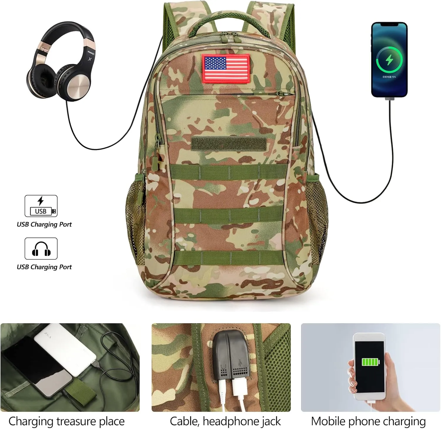 outdoor plus Camo Backpack for School,30L/40L Military Boys Backpack for Elementary Middle School, Army Day Pack for Outdoor