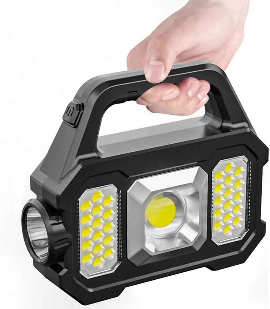 Outdoor Portable Camping Fishing Flashlight Work Light Multi-Modes Solar Powered High Brightness Lantern Hand Light USB Rechargeable Light with Side Light