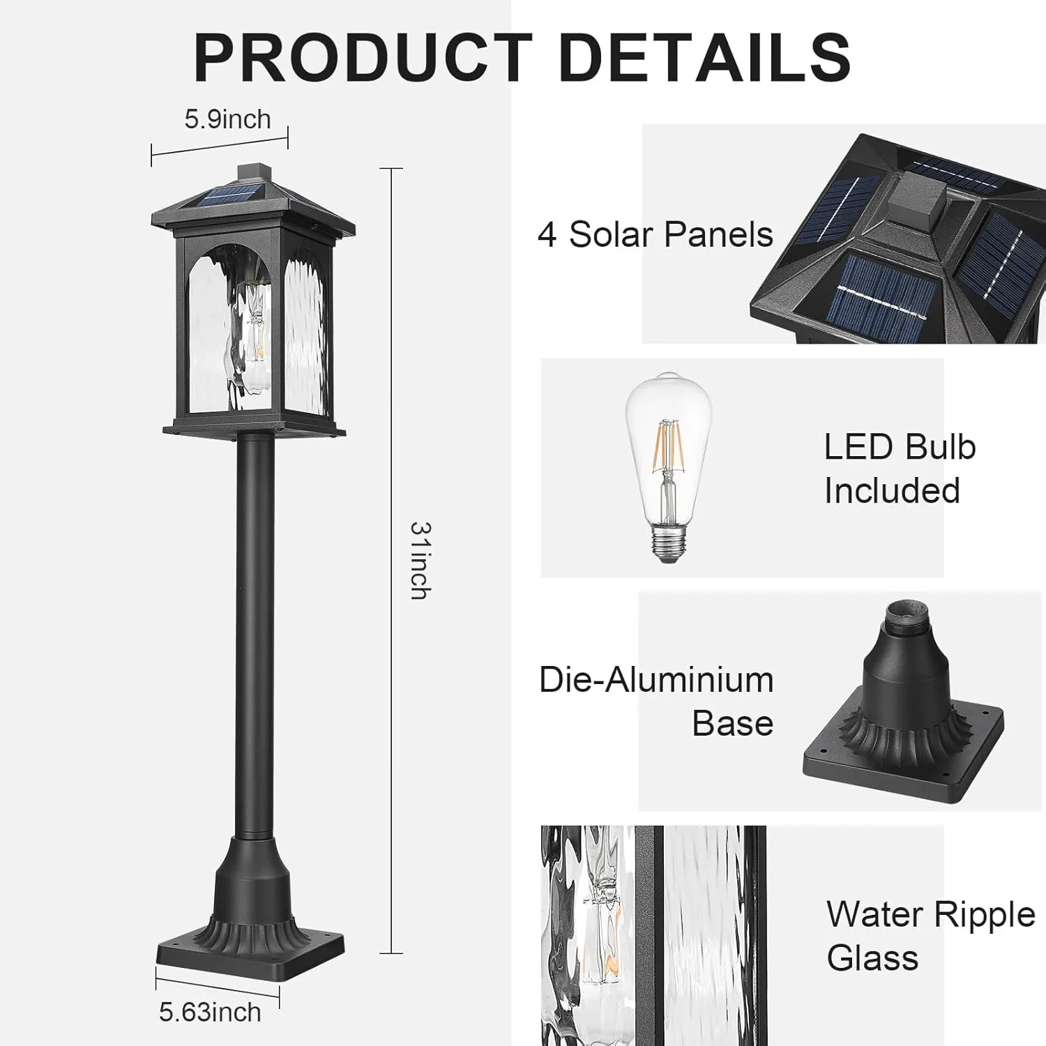 Outdoor Post Lamp Long Pole Solar Powered Waterproof Exterior Solar Pathway Light Remote Control with Pier Mount Base, LED Dusk to Dawn Walkway Lighting with Water Ripple Glass