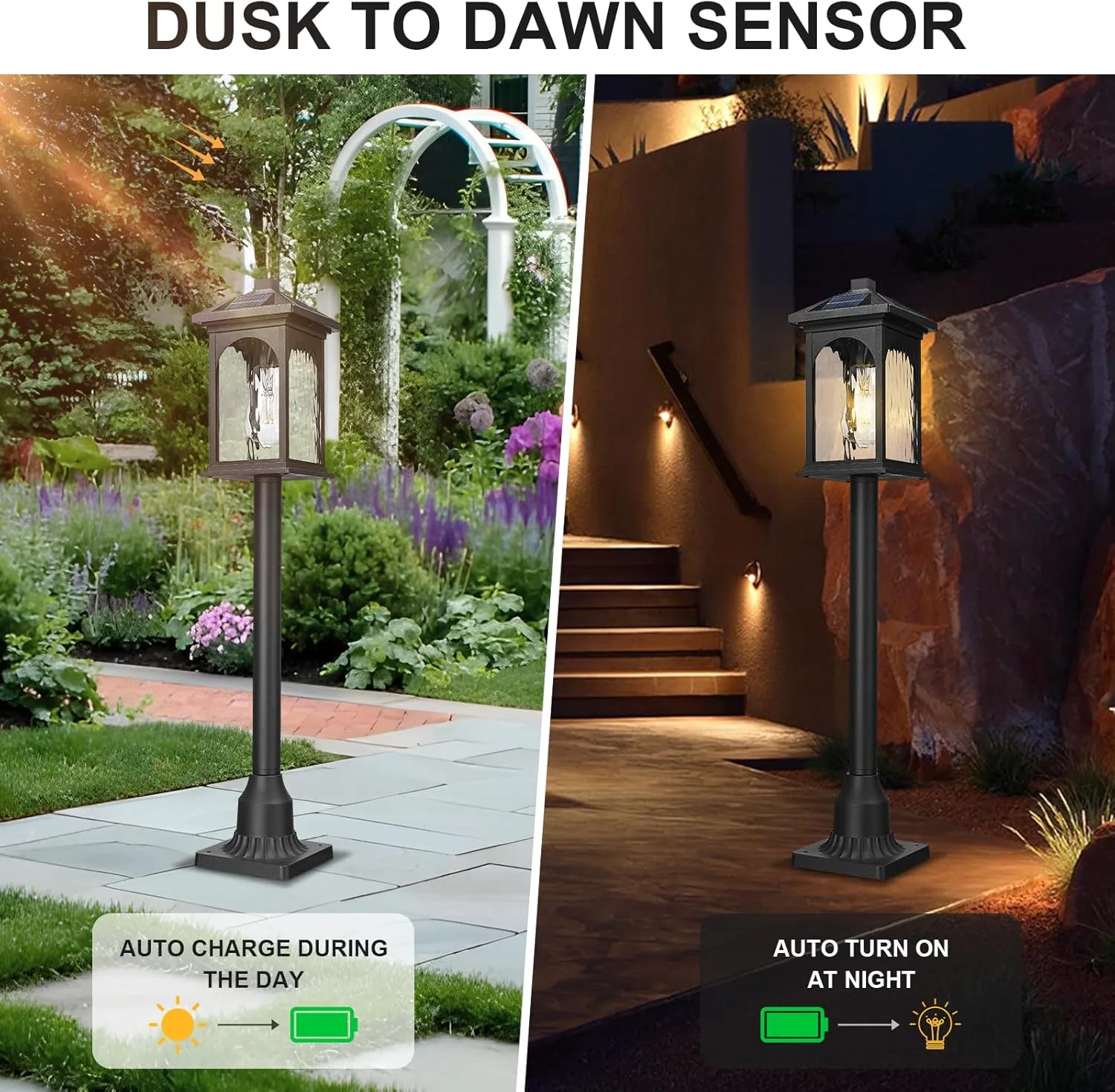 Outdoor Post Lamp Long Pole Solar Powered Waterproof Exterior Solar Pathway Light Remote Control with Pier Mount Base, LED Dusk to Dawn Walkway Lighting with Water Ripple Glass