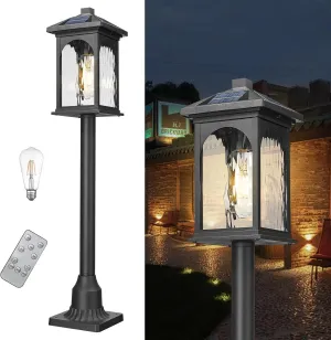 Outdoor Post Lamp Long Pole Solar Powered Waterproof Exterior Solar Pathway Light Remote Control with Pier Mount Base, LED Dusk to Dawn Walkway Lighting with Water Ripple Glass