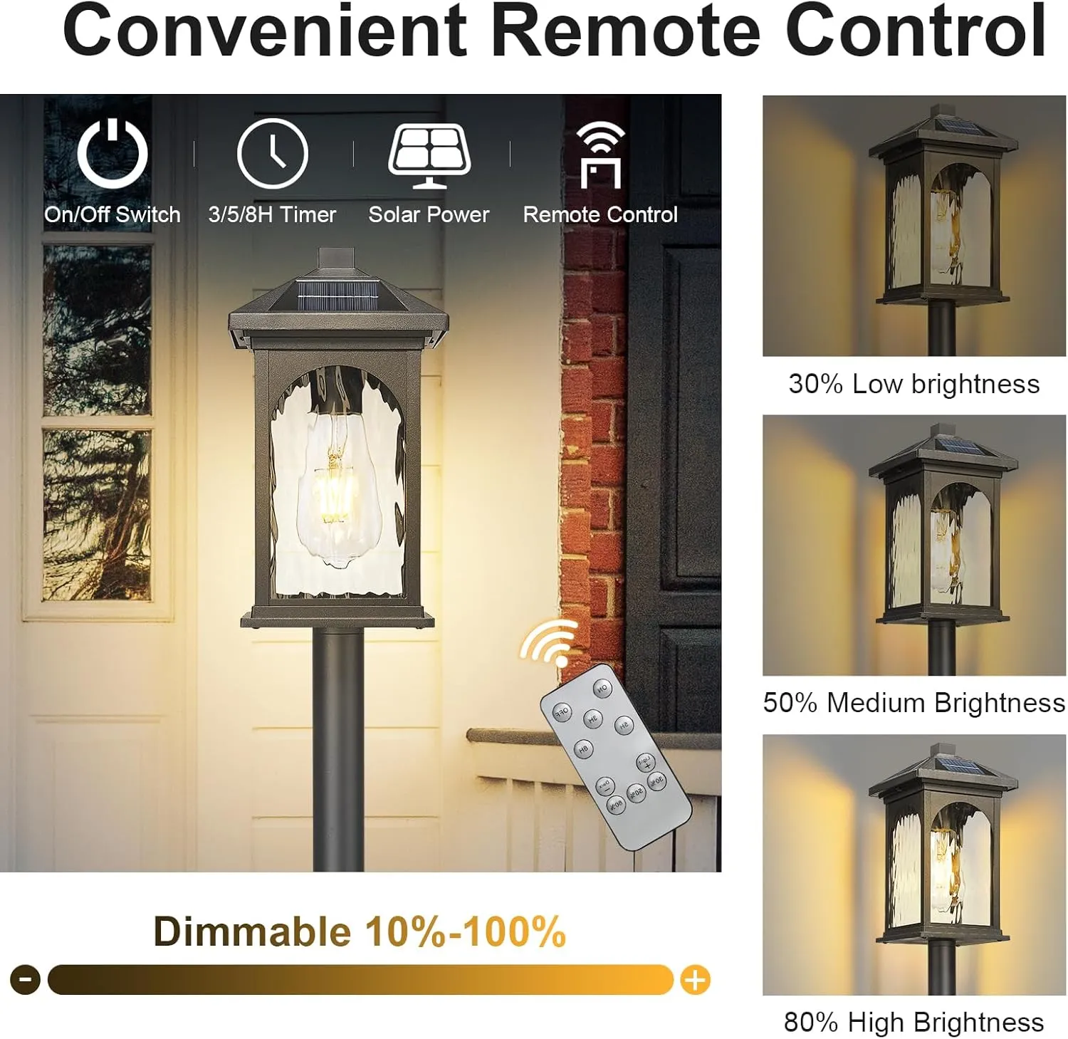 Outdoor Post Lamp Long Pole Solar Powered Waterproof Exterior Solar Pathway Light Remote Control with Pier Mount Base, LED Dusk to Dawn Walkway Lighting with Water Ripple Glass