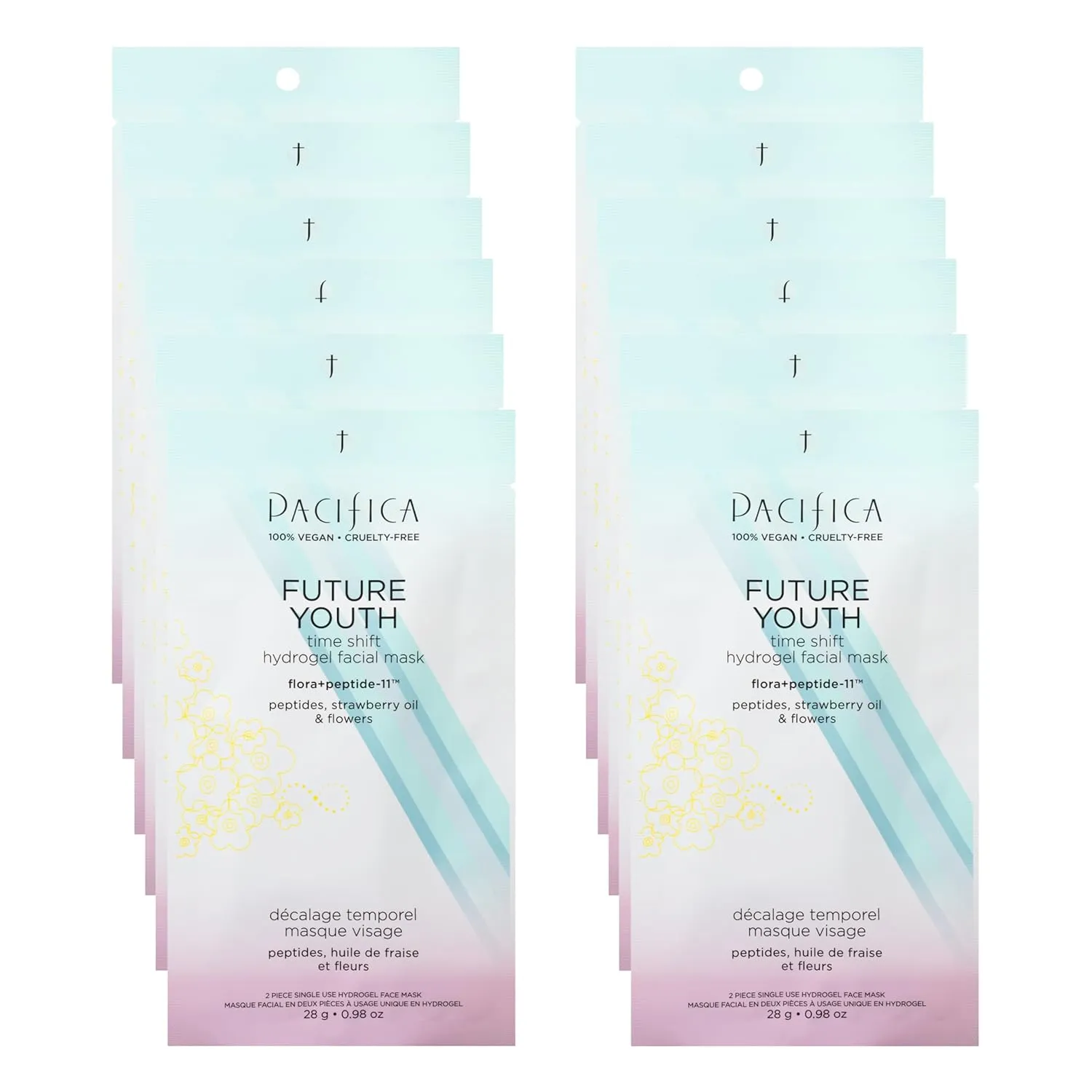 Pacifica Future Youth Time Shift Hydrogel Facial Mask - 12-PACK - Multi-Peptide Anti-Aging Sheet Mask for Firming & Plumping, Ultra-Hydrating Serum-Infused Mask for Face & Neck, 100% Vegan