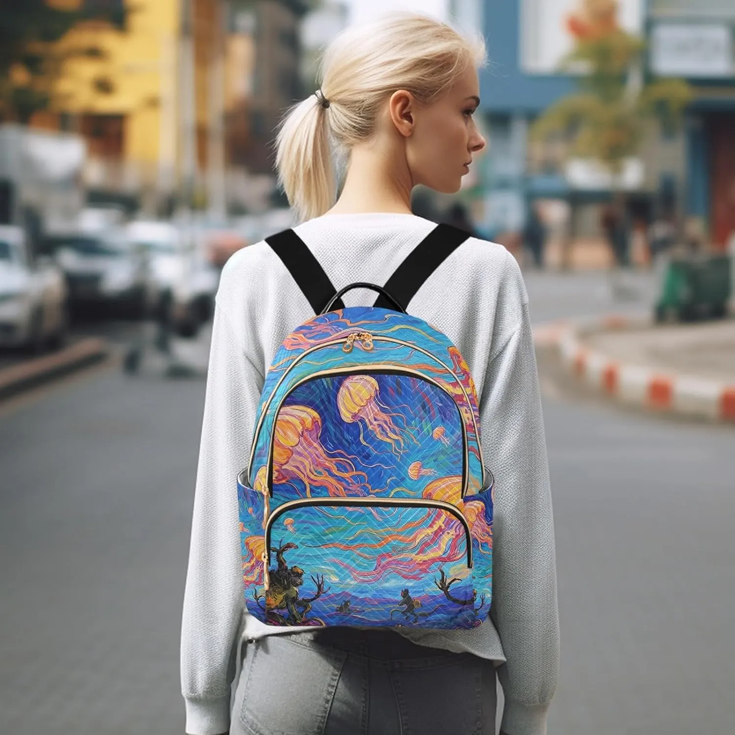 Painting Jellyfish in Colorful Night Sky Women's Stylish Printed Backpack Lightweight Travel Daypack with Multiple Pockets Fashion Quilted Laptop Backpack for School Work