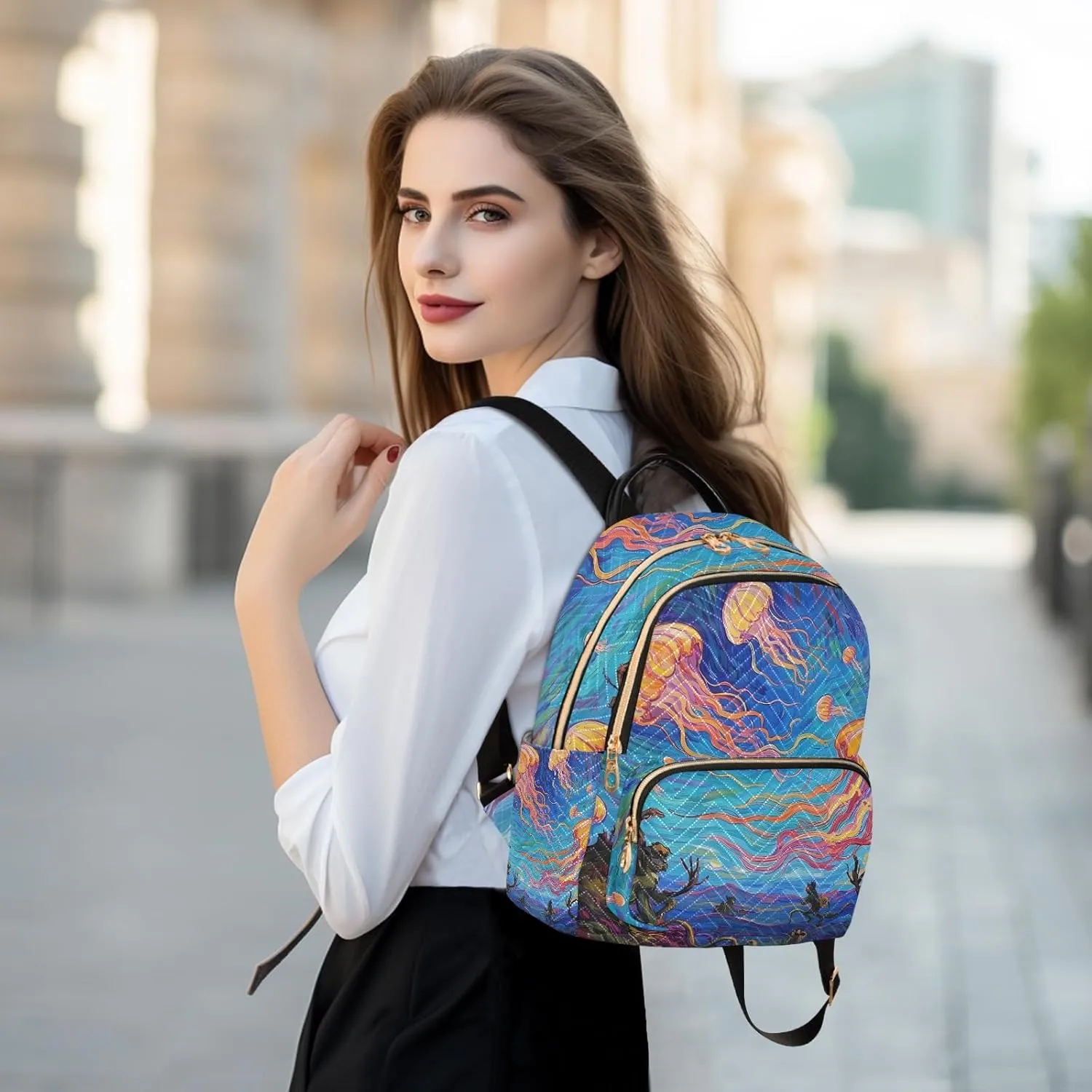 Painting Jellyfish in Colorful Night Sky Women's Stylish Printed Backpack Lightweight Travel Daypack with Multiple Pockets Fashion Quilted Laptop Backpack for School Work