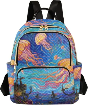 Painting Jellyfish in Colorful Night Sky Women's Stylish Printed Backpack Lightweight Travel Daypack with Multiple Pockets Fashion Quilted Laptop Backpack for School Work