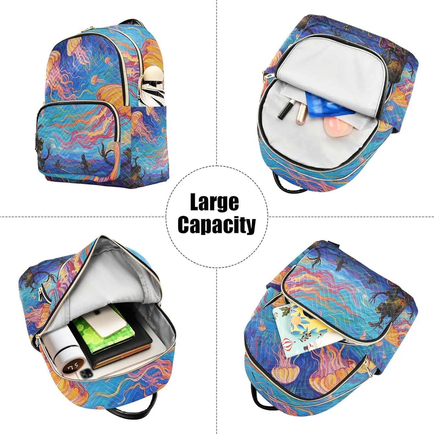 Painting Jellyfish in Colorful Night Sky Women's Stylish Printed Backpack Lightweight Travel Daypack with Multiple Pockets Fashion Quilted Laptop Backpack for School Work