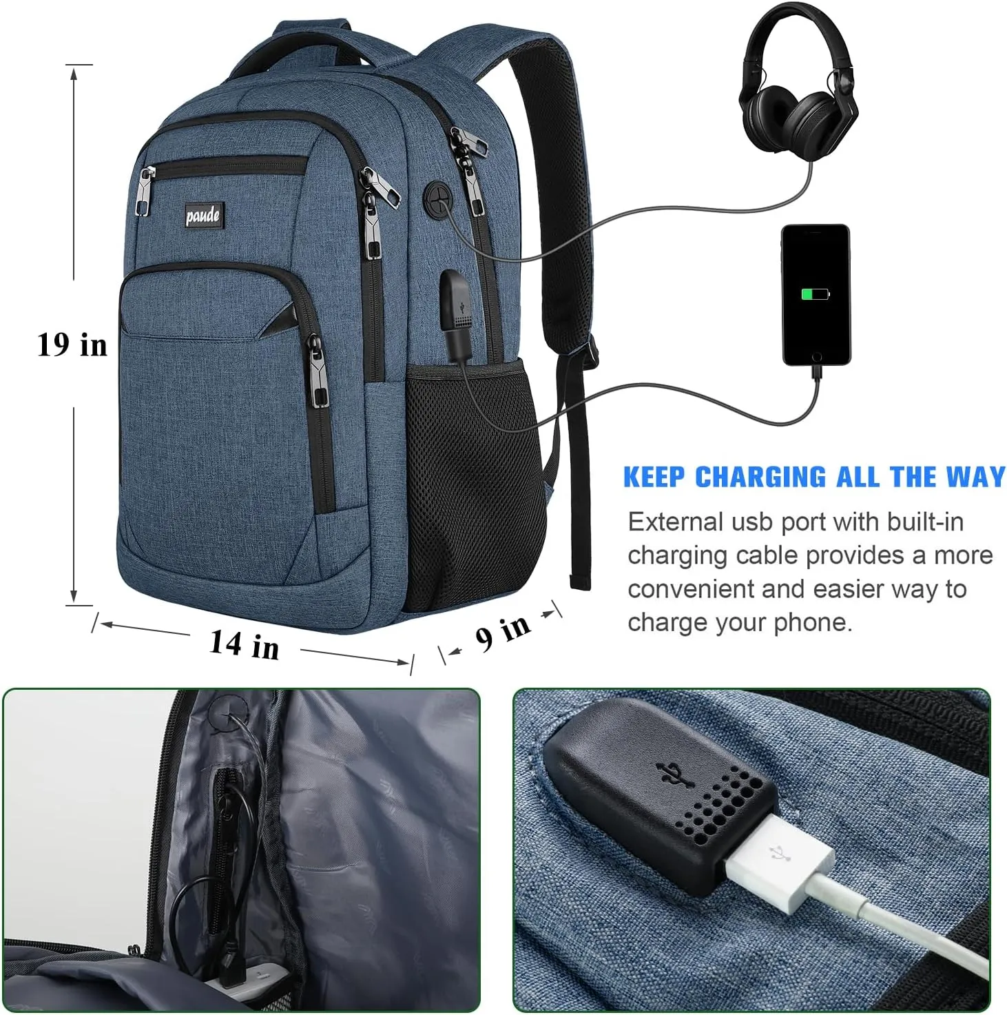 Paude Backpack for School, Laptop, Bookbag for Teen Boys - 17.3 Inch College Backpack for University, Business, Work, Travel (Blue, 17.3 inch)