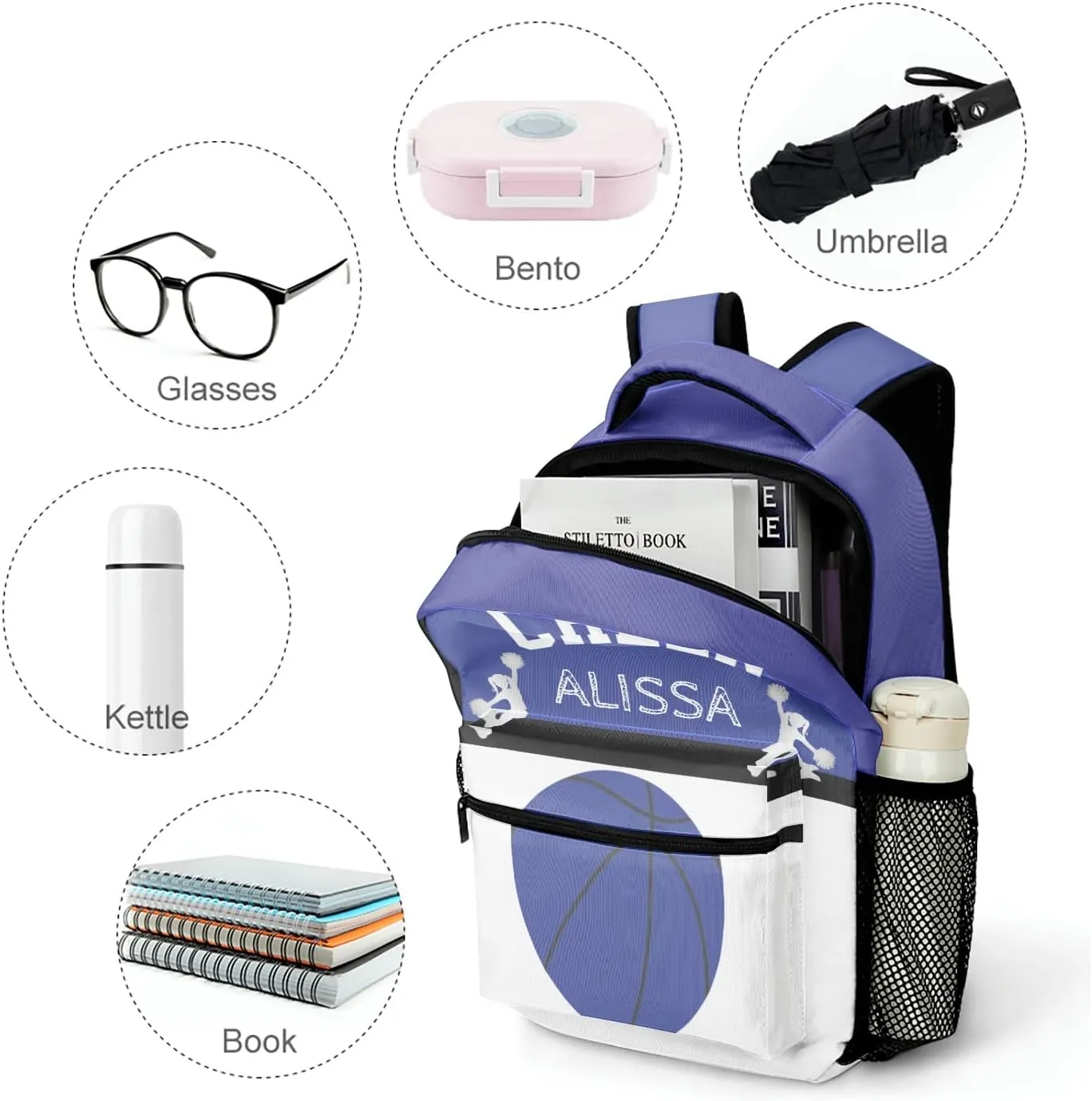 Personalized Cheerleaders Basketball Cheer Blue Backpack with Name Waterproof Bag for Women Men Gift