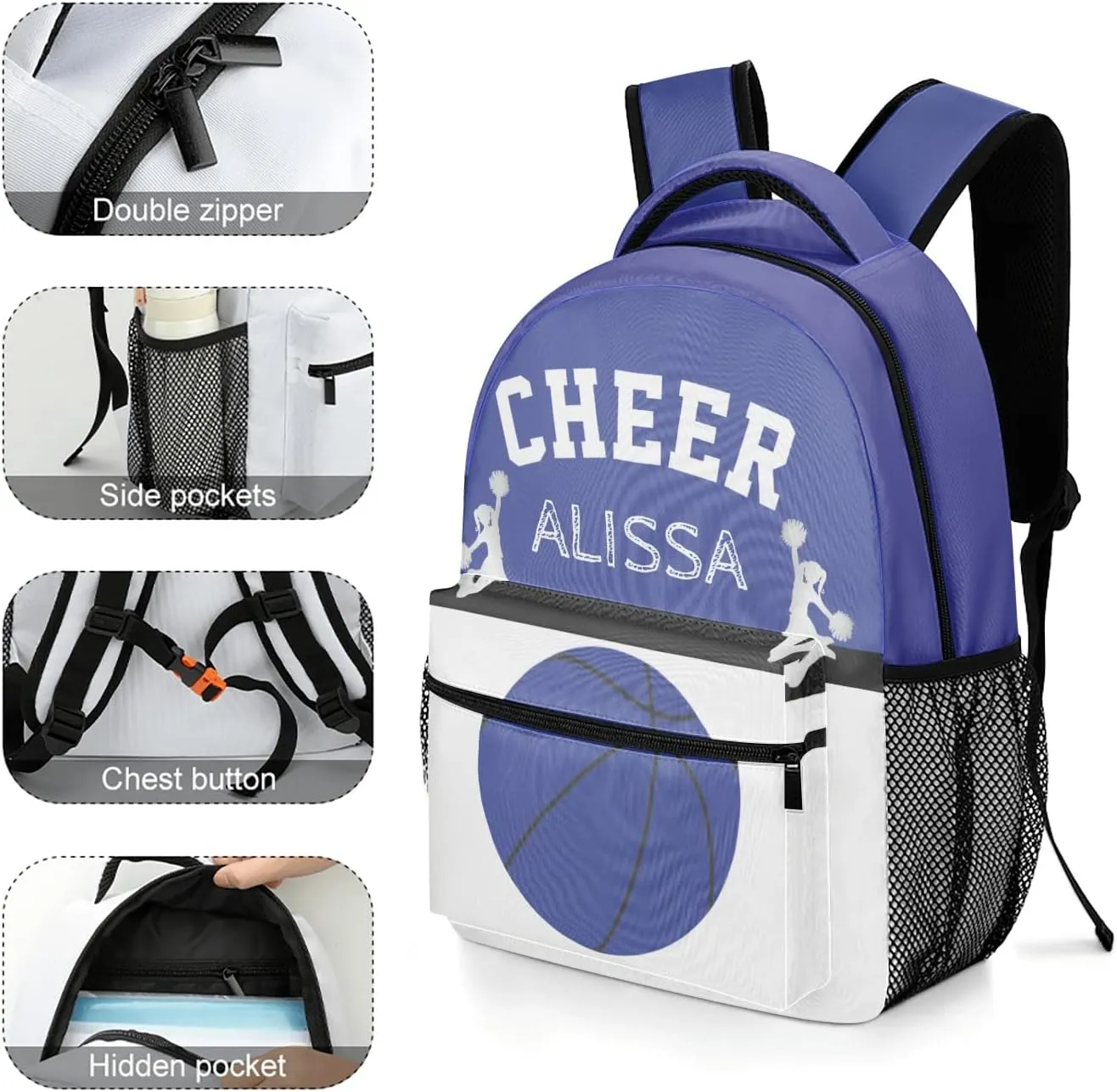Personalized Cheerleaders Basketball Cheer Blue Backpack with Name Waterproof Bag for Women Men Gift