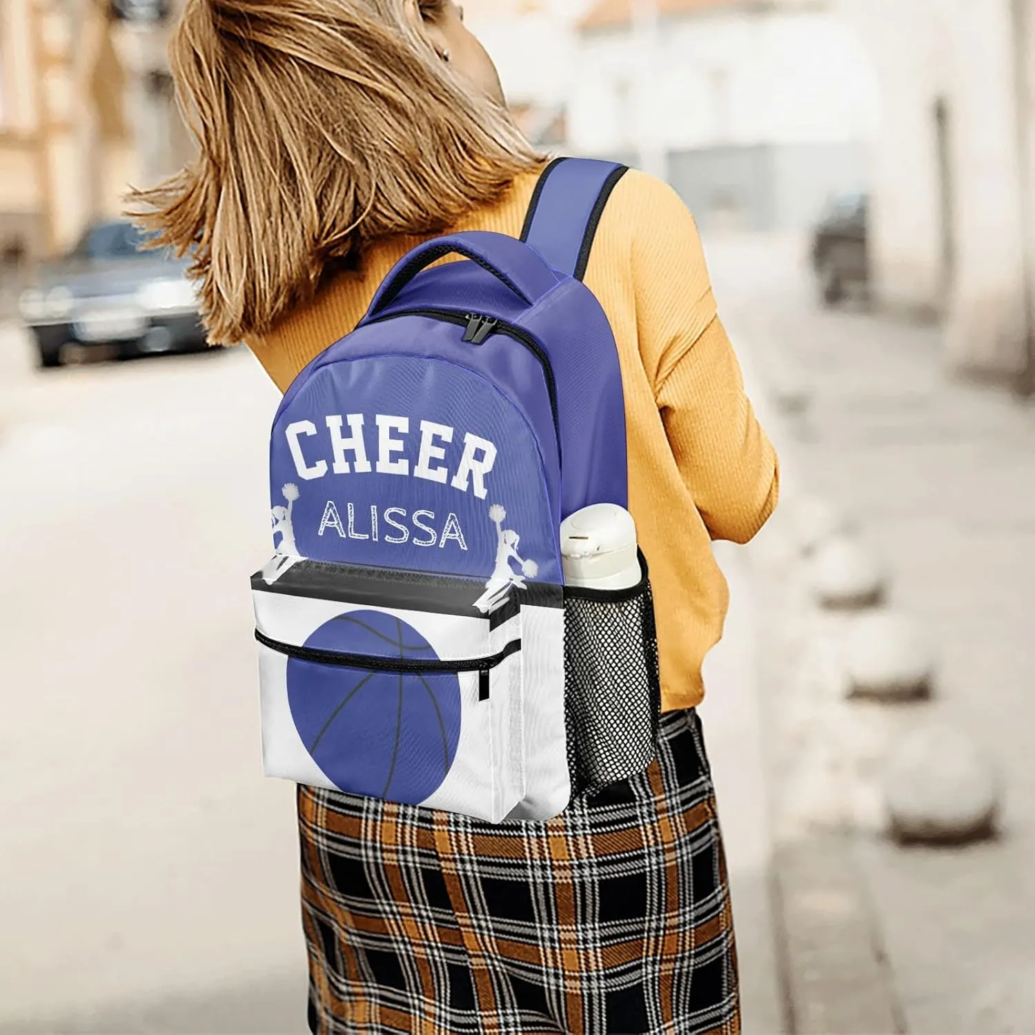 Personalized Cheerleaders Basketball Cheer Blue Backpack with Name Waterproof Bag for Women Men Gift