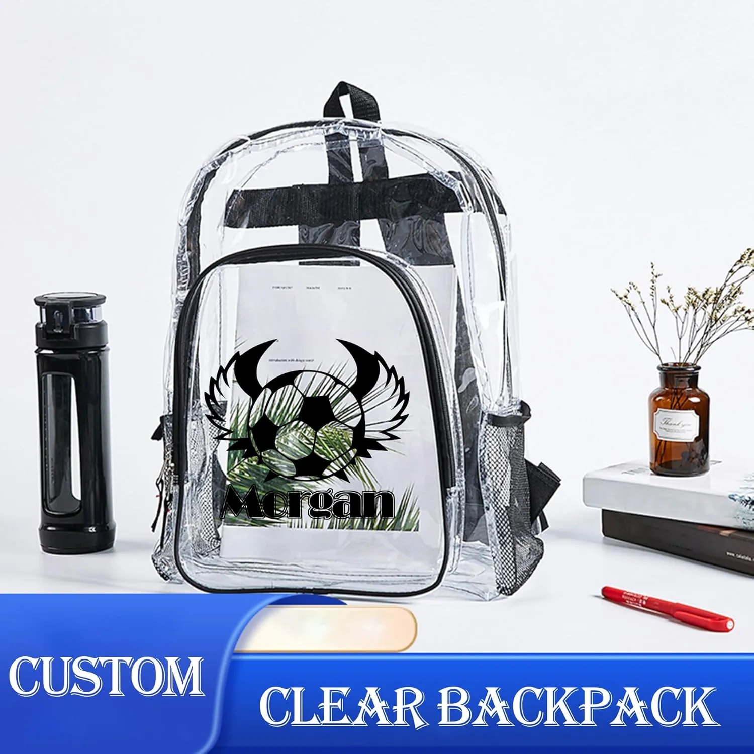 Personalized Clear Backpack Custom Name, Clear Bookbag See Throug Back Pack Heavy Duty Transparent Backpack- Customized Gifts