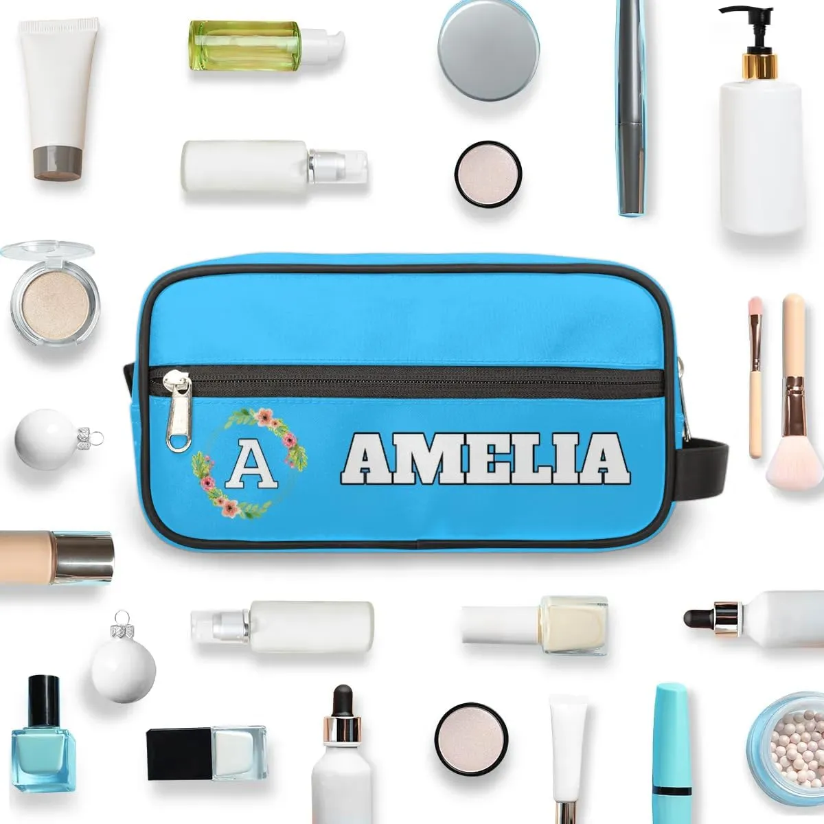 Personalized Floral Monogrammed Toiletry Bags for Women Custom Initial Letter Waterproof Cosmetic Makeup Bags Storage Bags with Handle for Bathroom Travel Work, Blue