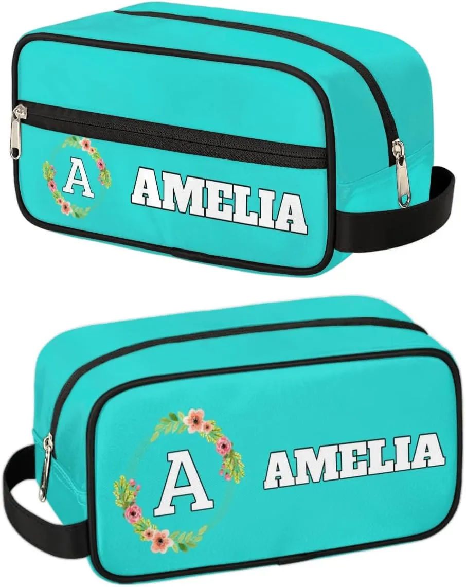 Personalized Floral Monogrammed Toiletry Bags for Women Custom Initial Letter Waterproof Cosmetic Makeup Bags Storage Bags with Handle for Bathroom Travel Work, Peacock Green