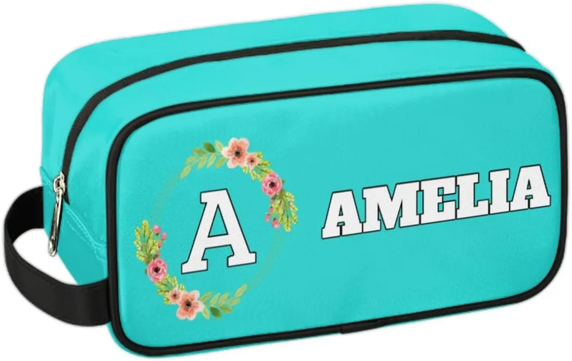 Personalized Floral Monogrammed Toiletry Bags for Women Custom Initial Letter Waterproof Cosmetic Makeup Bags Storage Bags with Handle for Bathroom Travel Work, Peacock Green