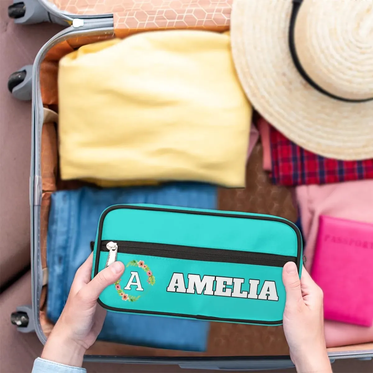 Personalized Floral Monogrammed Toiletry Bags for Women Custom Initial Letter Waterproof Cosmetic Makeup Bags Storage Bags with Handle for Bathroom Travel Work, Peacock Green