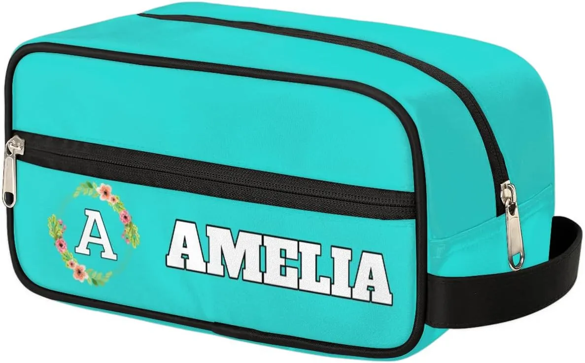 Personalized Floral Monogrammed Toiletry Bags for Women Custom Initial Letter Waterproof Cosmetic Makeup Bags Storage Bags with Handle for Bathroom Travel Work, Peacock Green