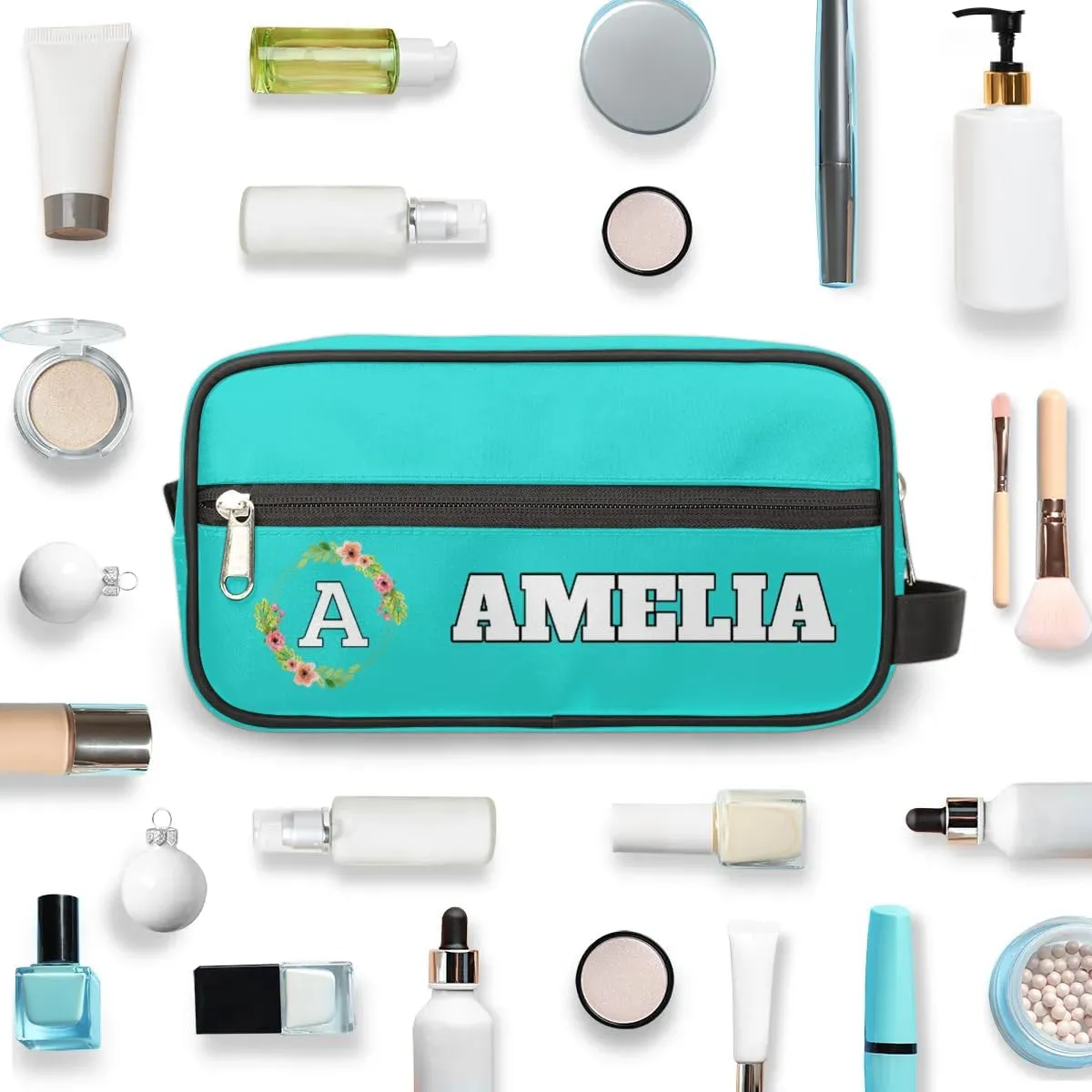 Personalized Floral Monogrammed Toiletry Bags for Women Custom Initial Letter Waterproof Cosmetic Makeup Bags Storage Bags with Handle for Bathroom Travel Work, Peacock Green