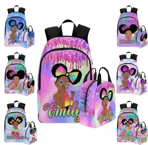 Personalized School Backpack with Name Rainbow Sparkling Custom Bookbag with Lunch Bag for Girls, Waterproof Elementary Customize Book Bag with Adjustable Shoulder Straps for School Travel Shopping