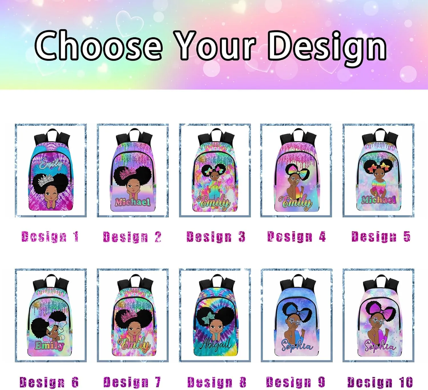 Personalized School Backpack with Name Rainbow Sparkling Custom Bookbag with Lunch Bag for Girls, Waterproof Elementary Customize Book Bag with Adjustable Shoulder Straps for School Travel Shopping