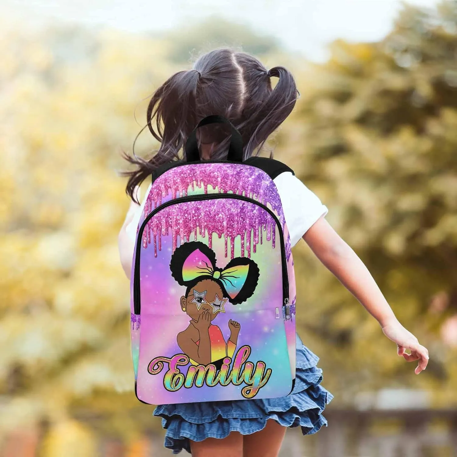 Personalized School Backpack with Name Rainbow Sparkling Custom Bookbag with Lunch Bag for Girls, Waterproof Elementary Customize Book Bag with Adjustable Shoulder Straps for School Travel Shopping