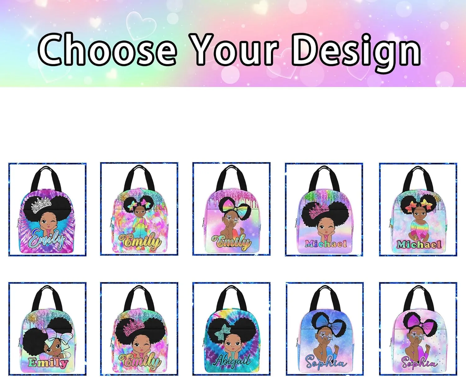 Personalized School Backpack with Name Rainbow Sparkling Custom Bookbag with Lunch Bag for Girls, Waterproof Elementary Customize Book Bag with Adjustable Shoulder Straps for School Travel Shopping
