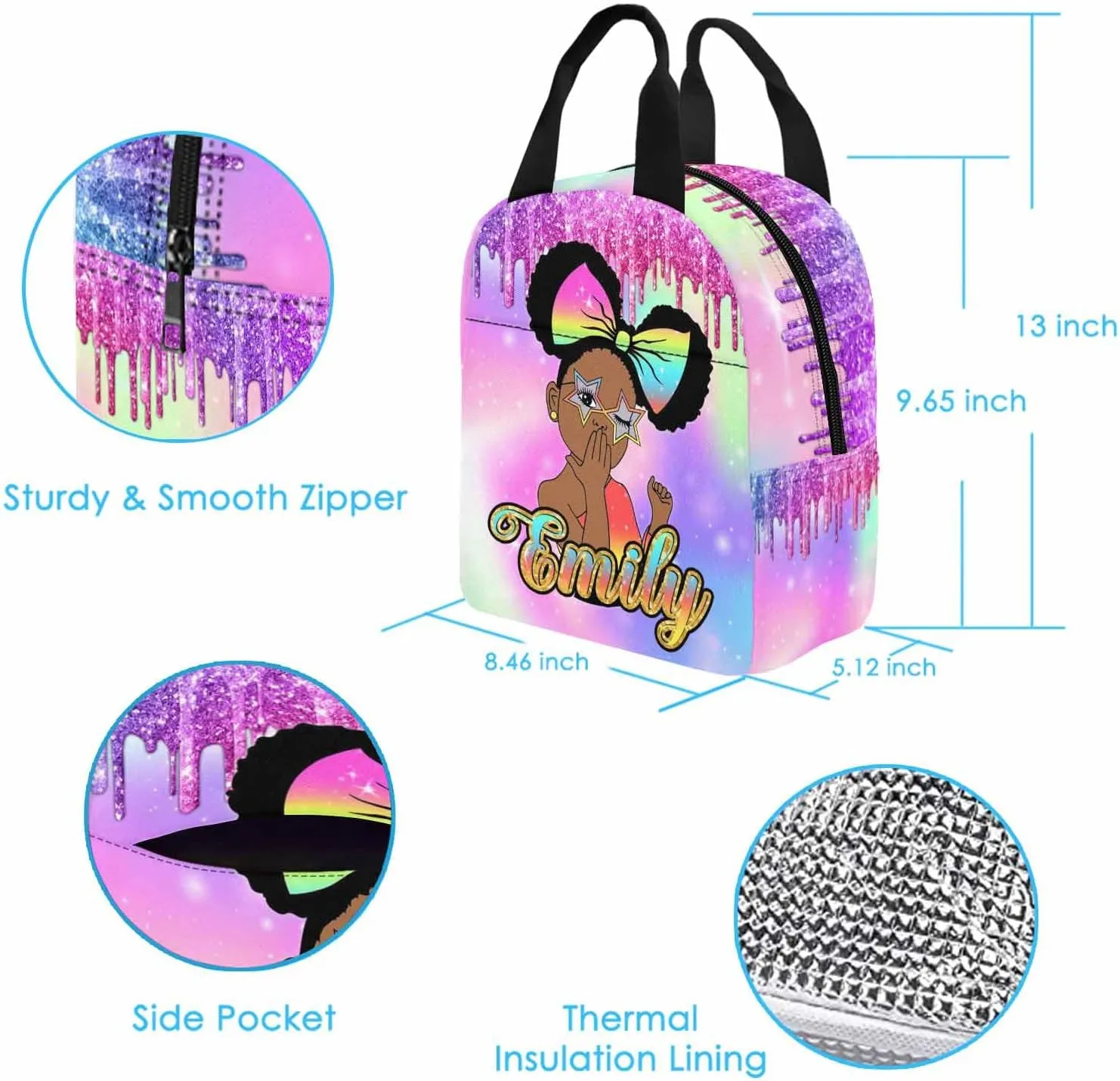 Personalized School Backpack with Name Rainbow Sparkling Custom Bookbag with Lunch Bag for Girls, Waterproof Elementary Customize Book Bag with Adjustable Shoulder Straps for School Travel Shopping