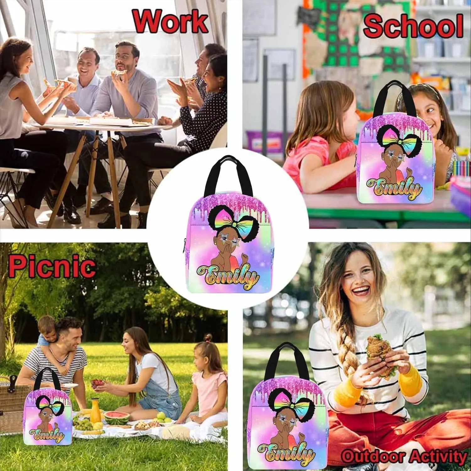 Personalized School Backpack with Name Rainbow Sparkling Custom Bookbag with Lunch Bag for Girls, Waterproof Elementary Customize Book Bag with Adjustable Shoulder Straps for School Travel Shopping