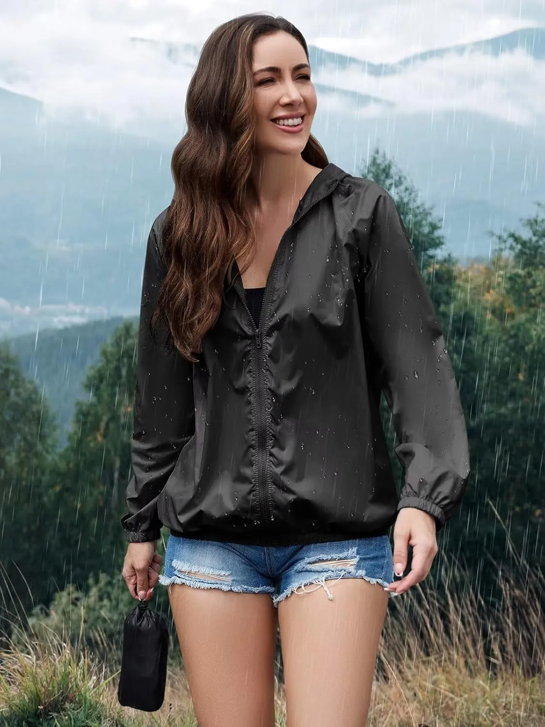 PITINAN Rain Jacket for Women Lightweight Waterproof Windbreaker Jacket Hooded Outdoor Raincoat with Pockets S-XXL