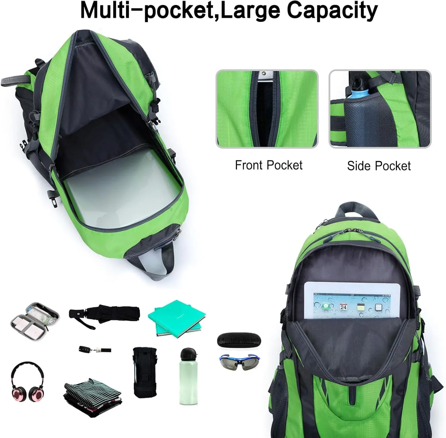 PORRASSO 40L Hiking Backpack Trekking Rucksack Waterproof Daypack Durable Backpack for Women Men Cycling Climbing Outdoor Sports Green