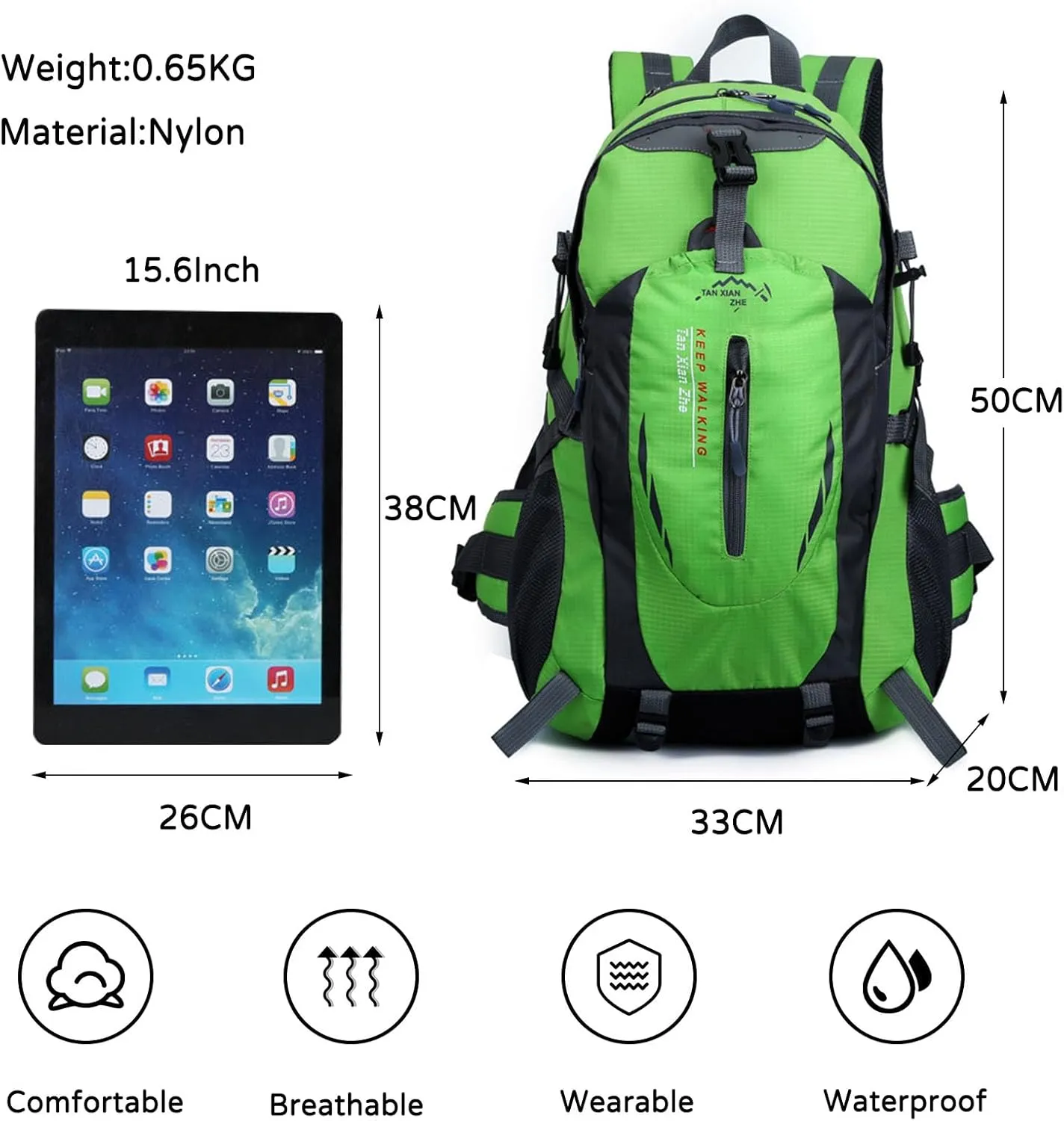 PORRASSO 40L Hiking Backpack Trekking Rucksack Waterproof Daypack Durable Backpack for Women Men Cycling Climbing Outdoor Sports Green