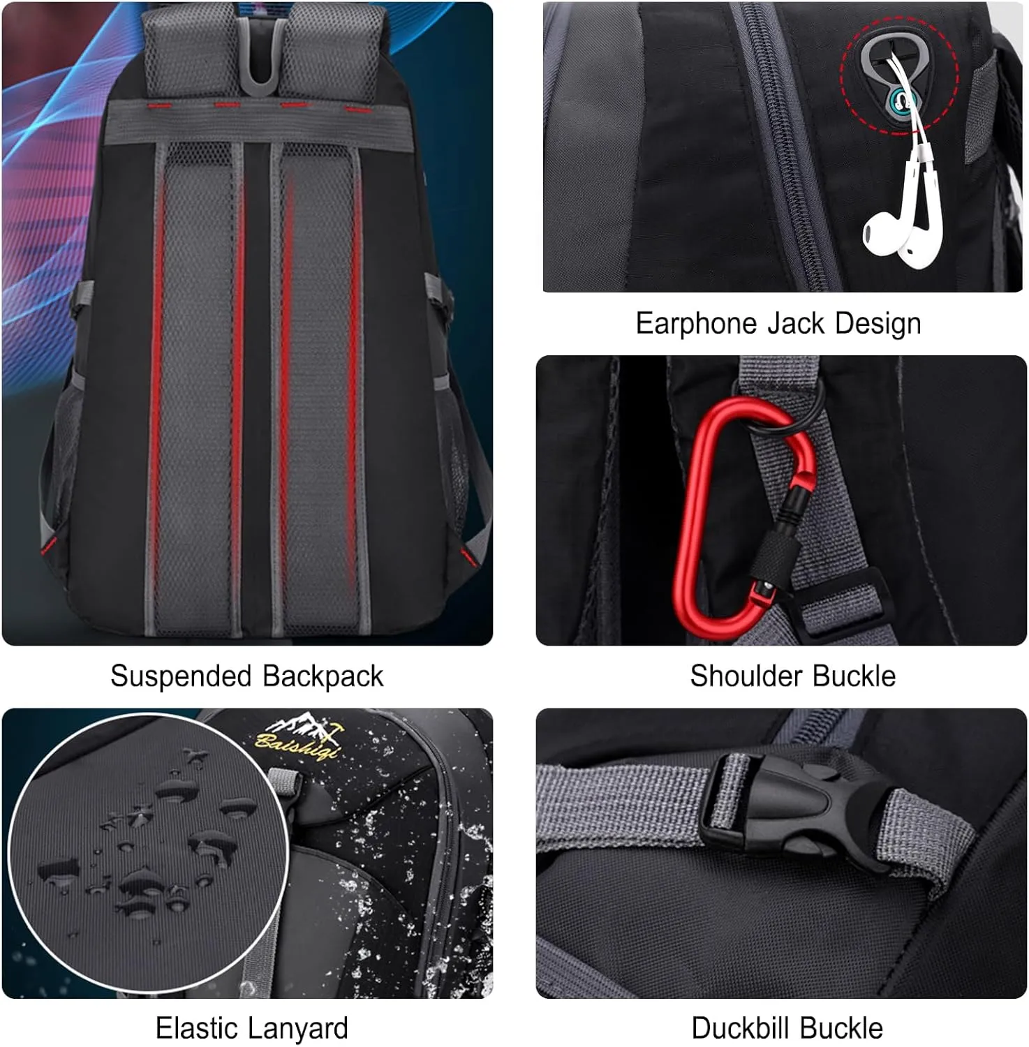 PORRASSO Hiking Backpack Waterproof Rucksack 40L Daypack with Earphone Hole Durable Backpack for Women Men Camping Climbing Travel Outdoor Sports Orange