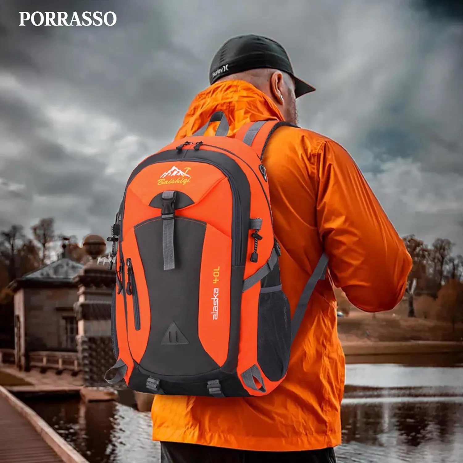 PORRASSO Hiking Backpack Waterproof Rucksack 40L Daypack with Earphone Hole Durable Backpack for Women Men Camping Climbing Travel Outdoor Sports Orange