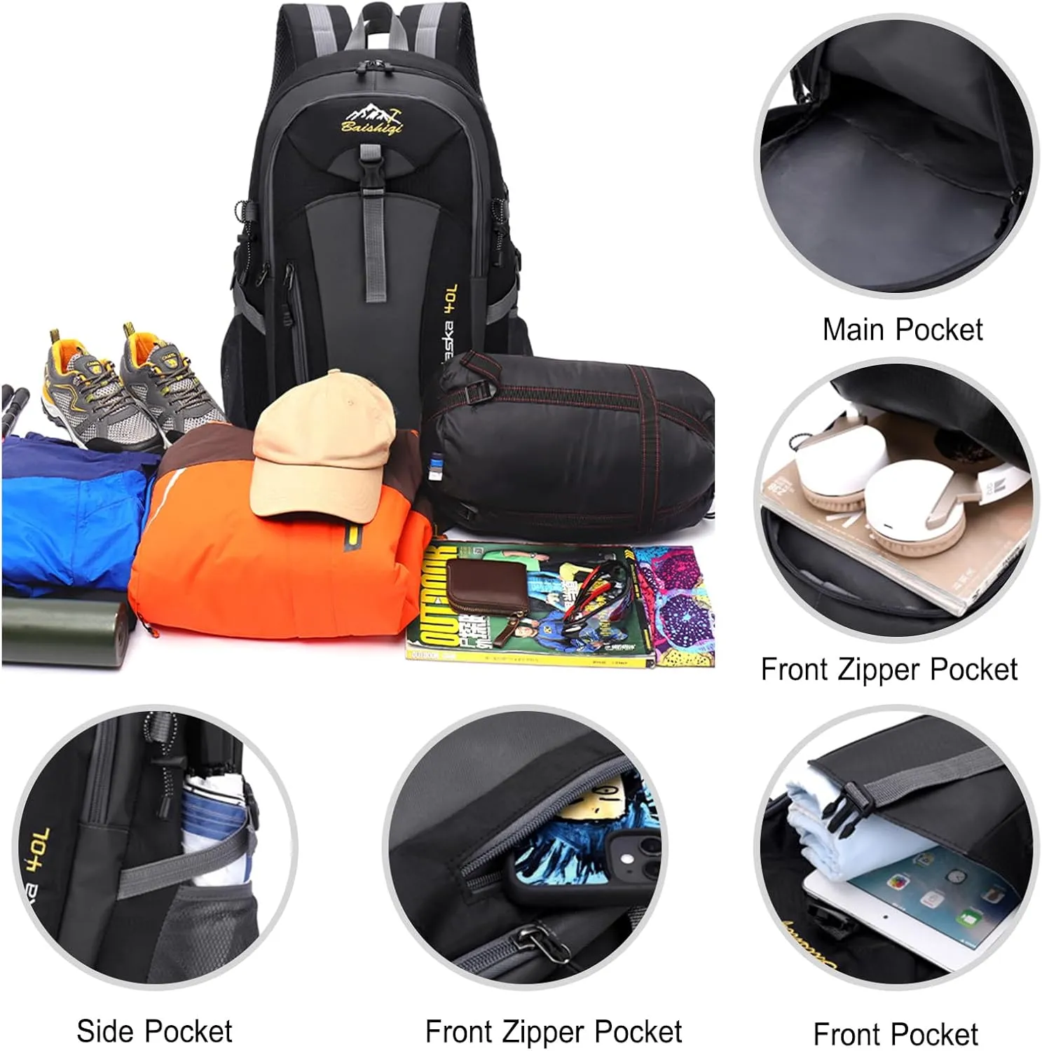 PORRASSO Hiking Backpack Waterproof Rucksack 40L Daypack with Earphone Hole Durable Backpack for Women Men Camping Climbing Travel Outdoor Sports Orange