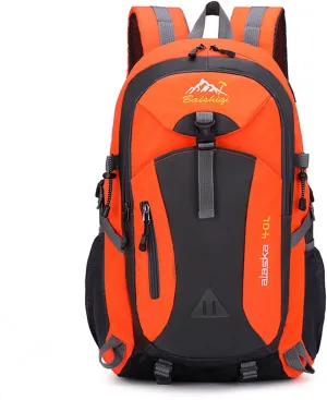PORRASSO Hiking Backpack Waterproof Rucksack 40L Daypack with Earphone Hole Durable Backpack for Women Men Camping Climbing Travel Outdoor Sports Orange