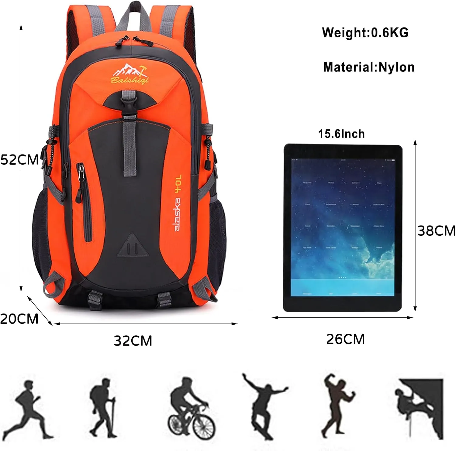 PORRASSO Hiking Backpack Waterproof Rucksack 40L Daypack with Earphone Hole Durable Backpack for Women Men Camping Climbing Travel Outdoor Sports Orange