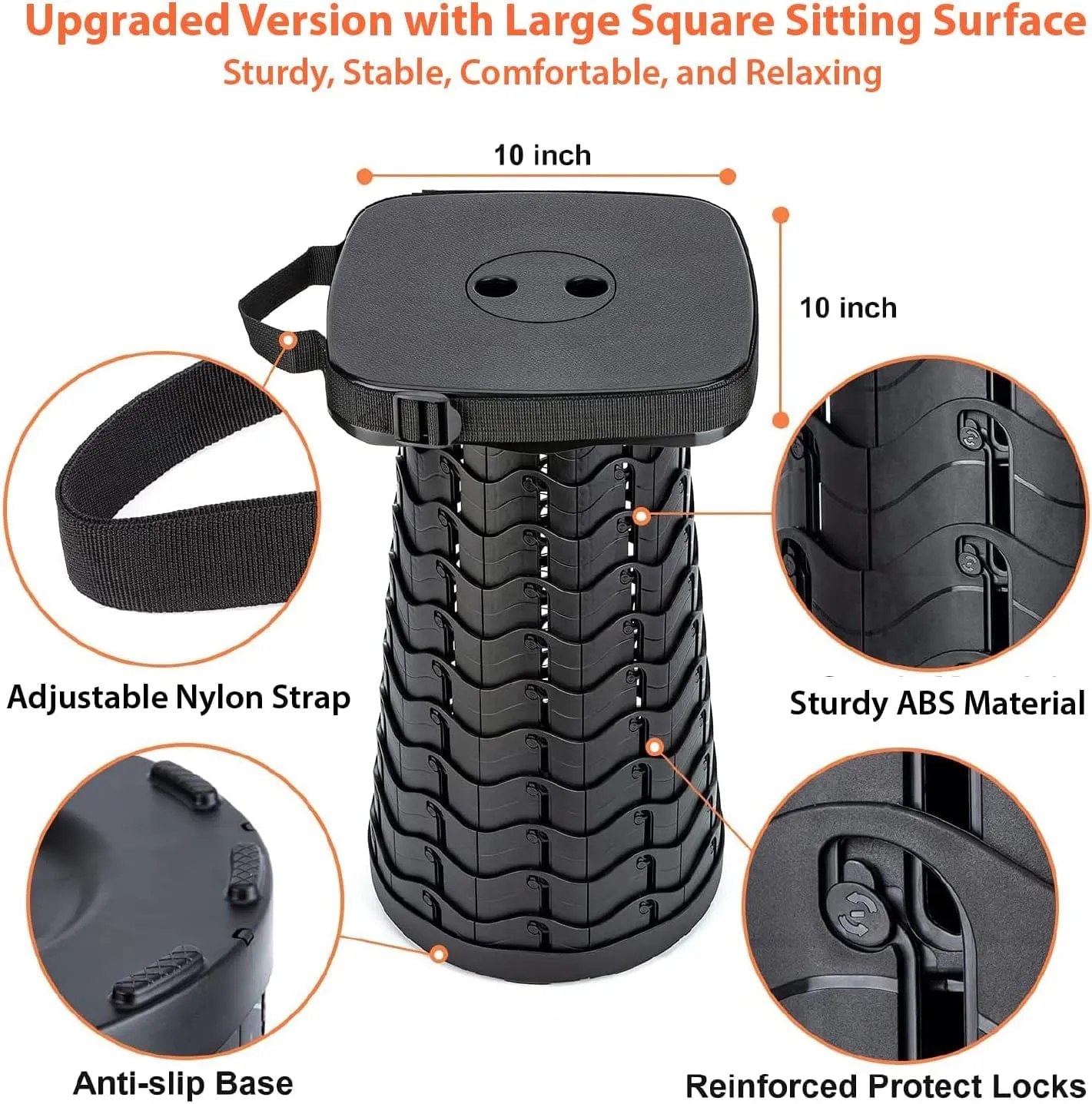 Portable Collapsible Stool Set - Heavy Duty Square Collapsible Stool   Thick Seat Cushion - 550lbs Load Capacity for Camping Picnic Gardening Travel (Black)