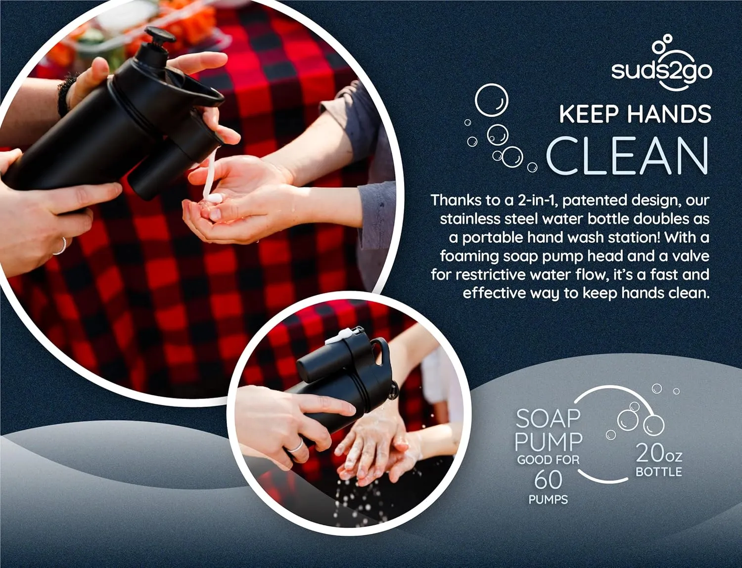 Portable Stainless Steel Water Bottle and Hand Wash System (20oz) - Double Walled and Vacuum Sealed with Leakproof Lid- Lightweight Design for Camping, Sports and Travel