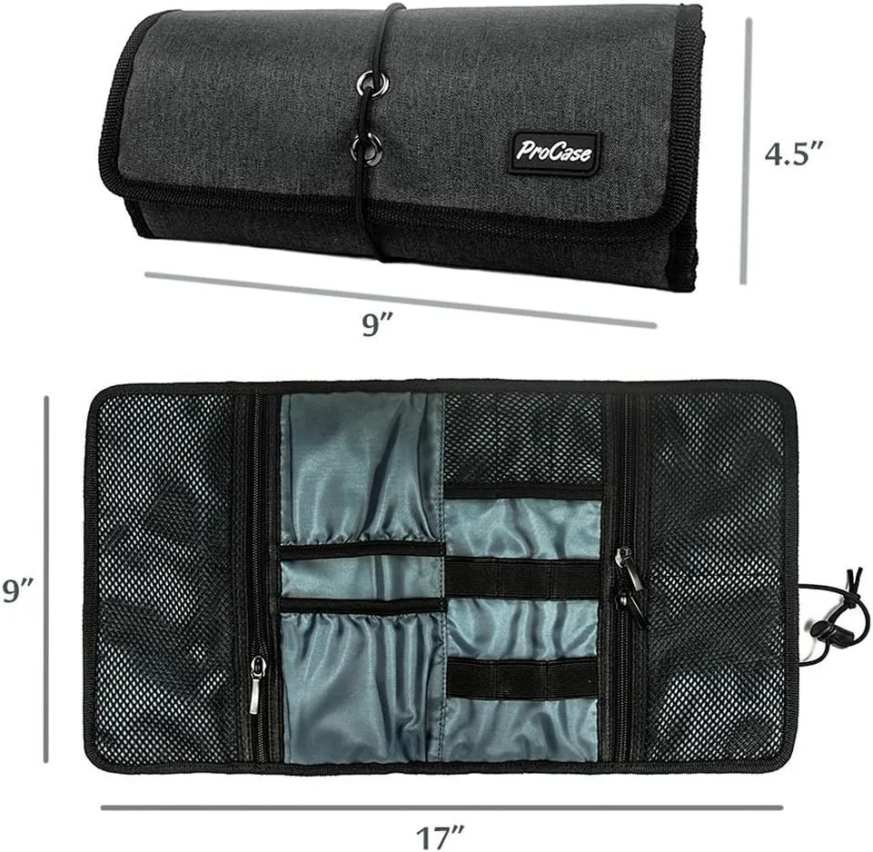 ProCase Electronic Organizer Cord Pouch, Travel Cable Charger Phone Accessories Bag Organizer Roll up Tech Carrying Case for USB Cables SD Memory Cards Earphone Flash Hard Drive