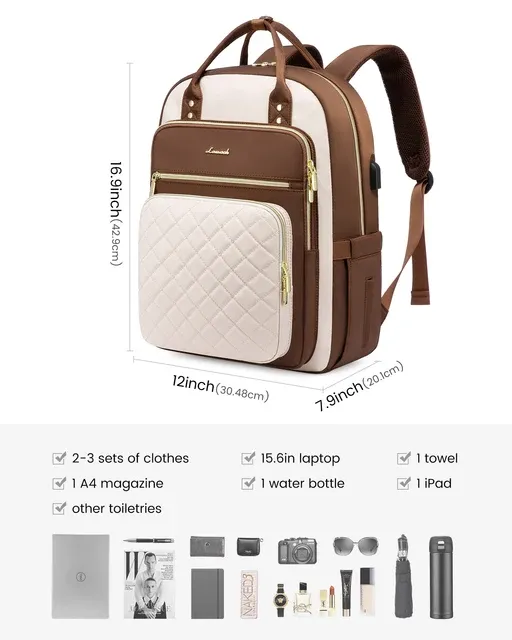 Quilted waterproof Laptop Backpack, anti theft, usb, laptop bag