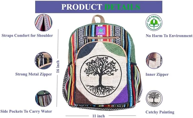 RARA Natural Handmade-Unique design and eco friendly Hemp Hippie backpack, very popular in FAIR TRADE. (Peace Tree), Medium