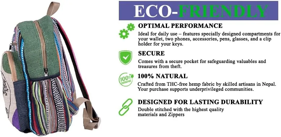 RARA Natural Handmade-Unique design and eco friendly Hemp Hippie backpack, very popular in FAIR TRADE. (Peace Tree), Medium
