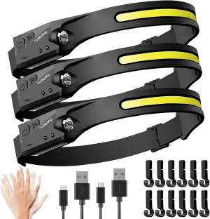 Rechargeable Headlamp 3PCS, 230° Wide Beam Head Lamp, Motion Sensor LED Headlamp Rechargeable, 6 Mode Headlamps for Adults, Bright Head Lights for Forehead, Hard Hat Headlight