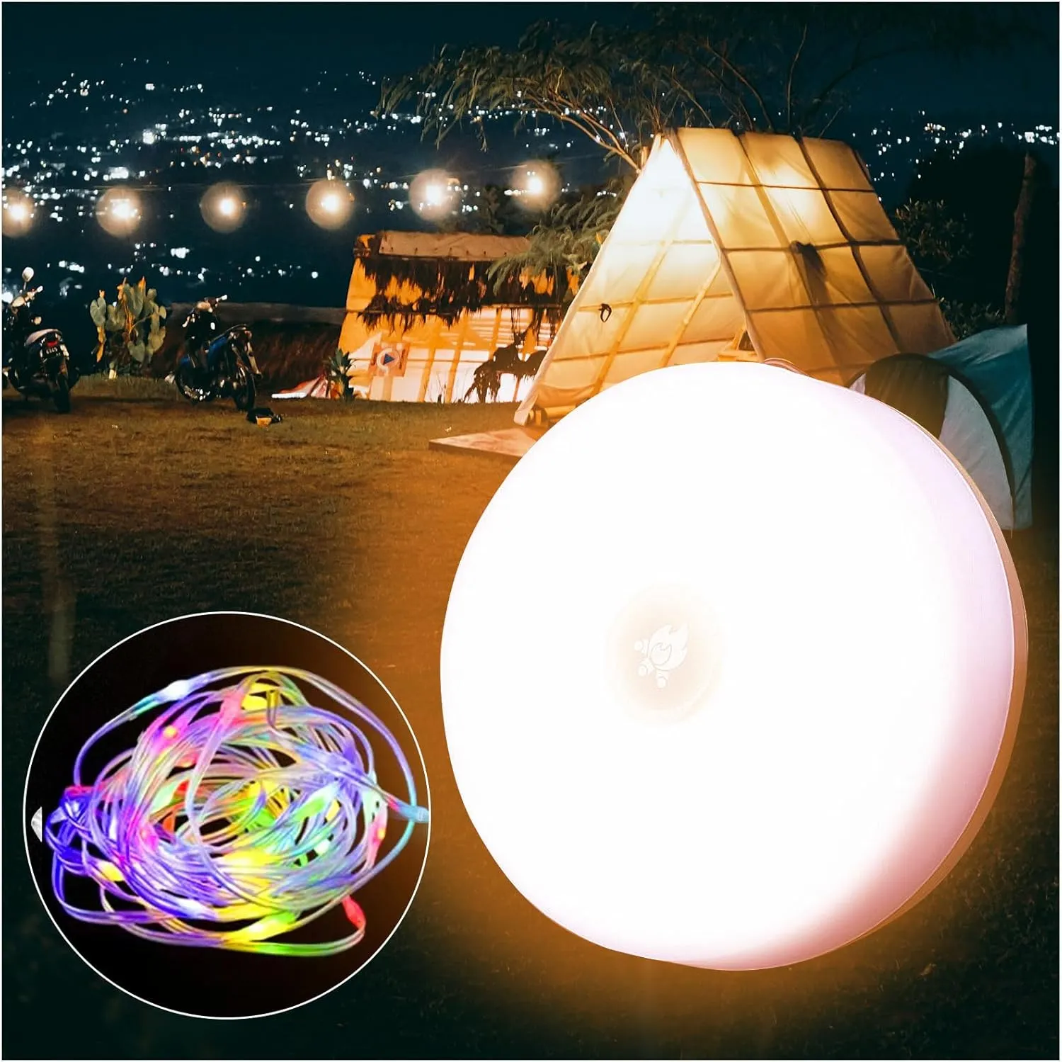 Rechargeable Solar Camping Lights - 32.8ft Waterproof LED String Lights with 5 Modes, Quick 30s Recovery, Easy Roll-Up for Tents, Patios, Festivals,Enhances Camping Atmosphere