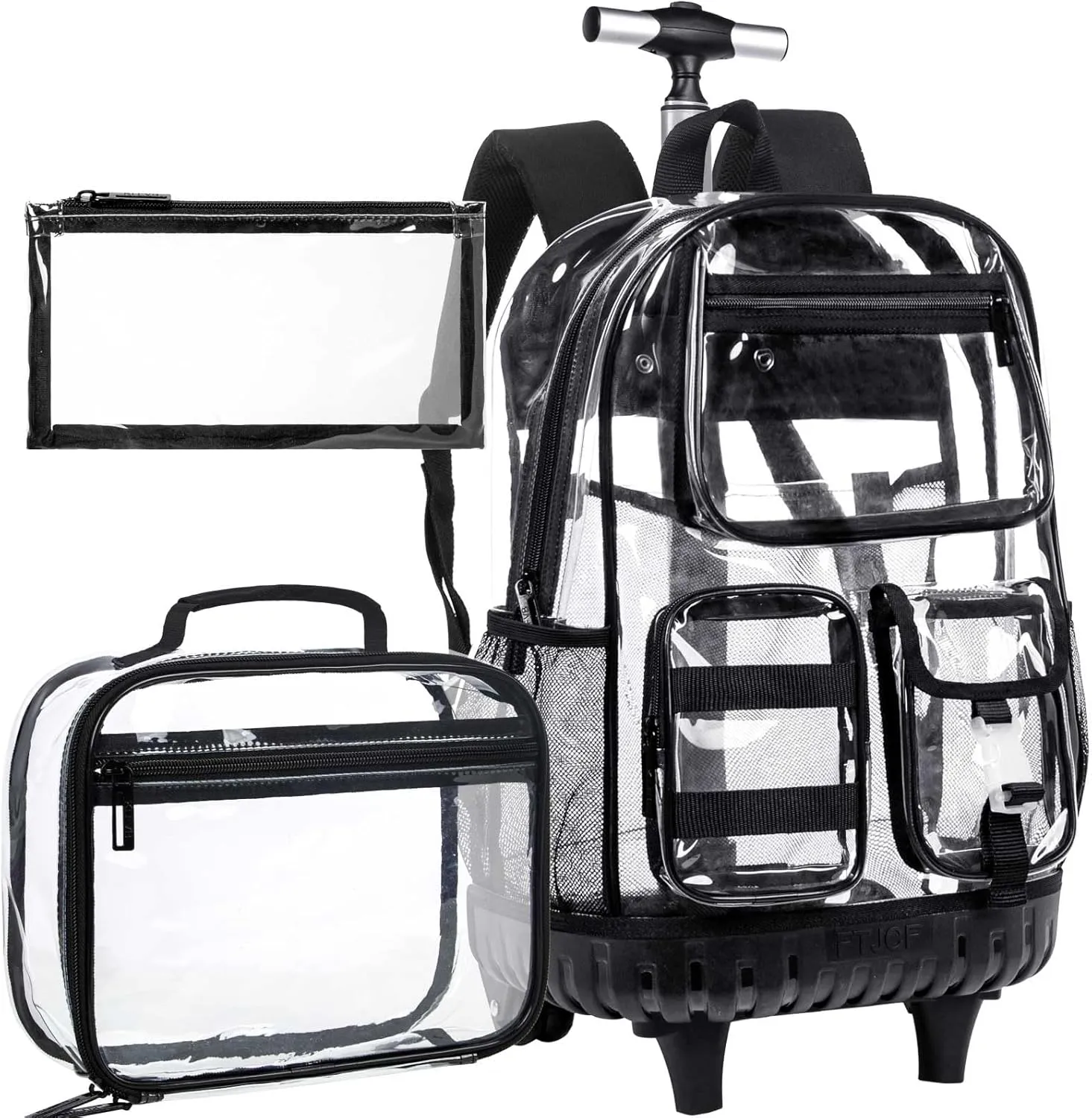 Rolling Clear Backpack for Girls Women, Heavy Duty PVC Transparent Bookbag, See Through Wheeled Bookbag with Lunch Box for Teens Elementary Travel - Black