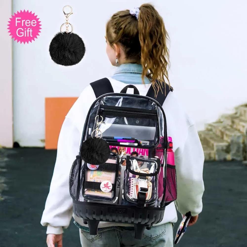 Rolling Clear Backpack for Girls Women, Heavy Duty PVC Transparent Bookbag, See Through Wheeled Bookbag with Lunch Box for Teens Elementary Travel - Black