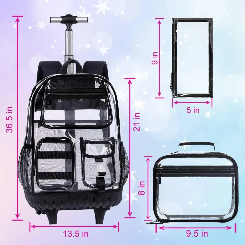 Rolling Clear Backpack for Girls Women, Heavy Duty PVC Transparent Bookbag, See Through Wheeled Bookbag with Lunch Box for Teens Elementary Travel - Black