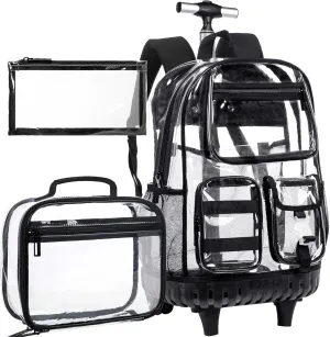 Rolling Clear Backpack for Girls Women, Heavy Duty PVC Transparent Bookbag, See Through Wheeled Bookbag with Lunch Box for Teens Elementary Travel - Black